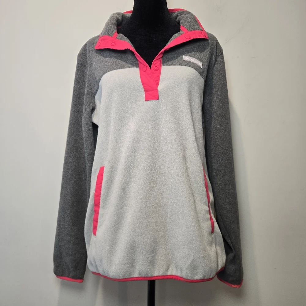 Columbia Fleece Women's Large Pullover 1/4 Snap V Neck Gray Pink